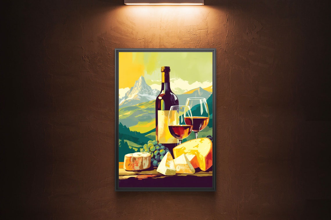 Wine Bottle Glasses Cheese with Mountain Landscape Retro Travel Poster - Image 2