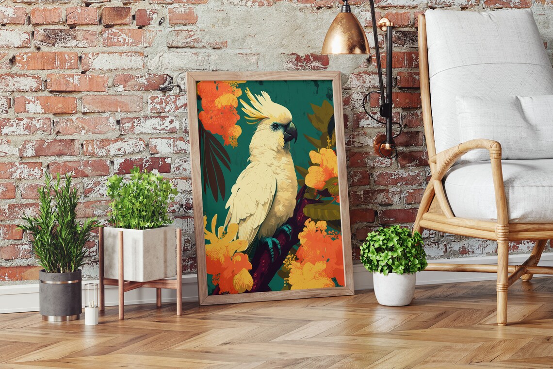 Tropical Cockatoo Boho Art Print, Floral Decor - Image 2
