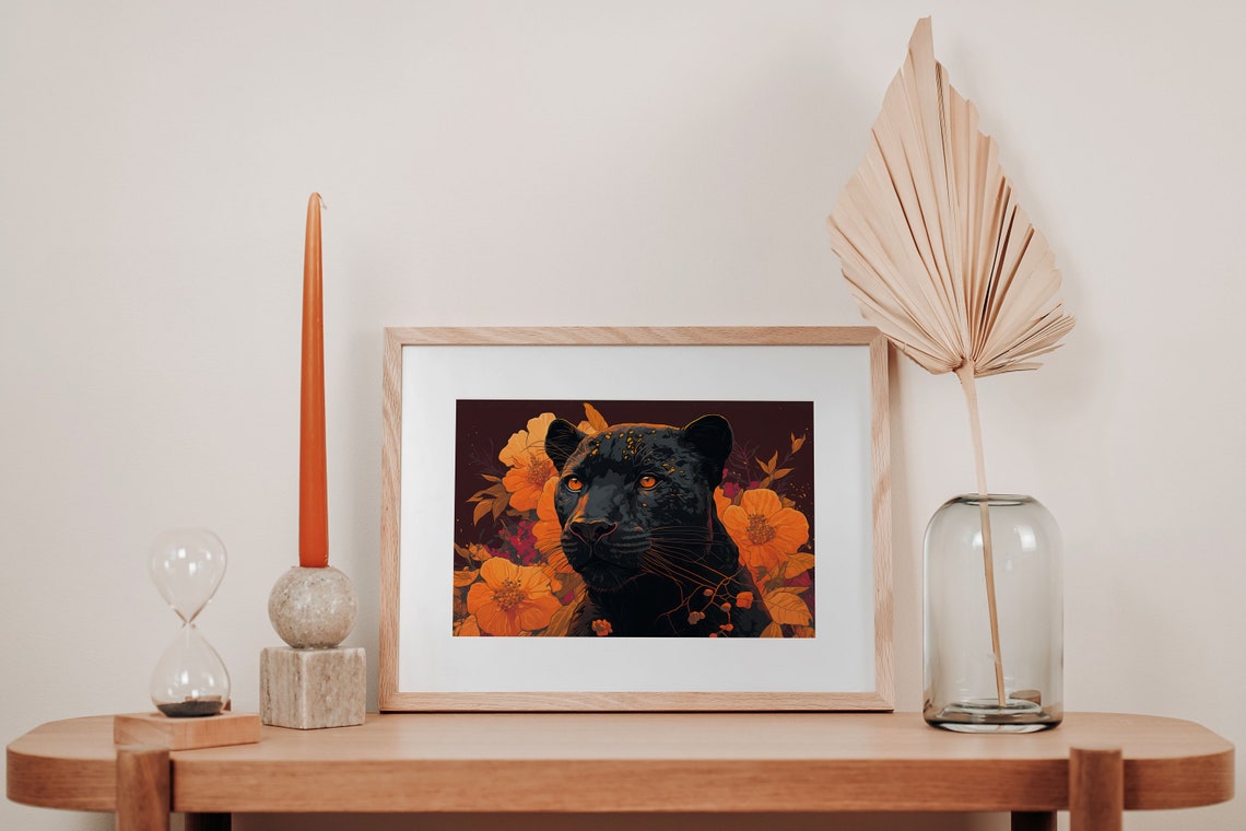 Black Panther Orange Blossoms Dark Botanical Wildlife Poster - Image 3