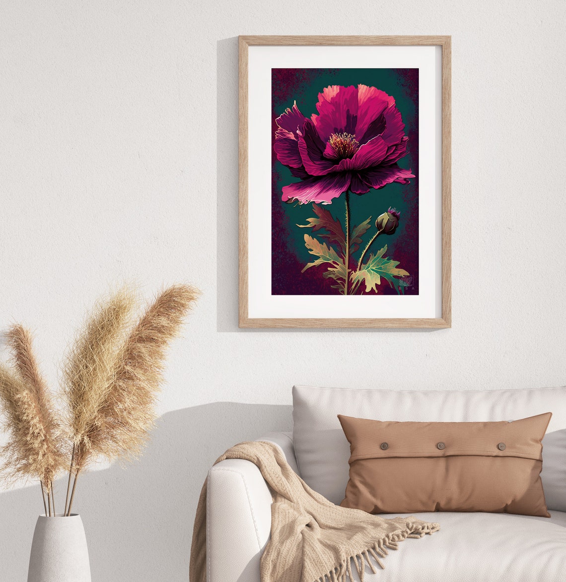 Magenta Poppy Standing Tall Deep Teal Backdrop Floral Poster - Image 2