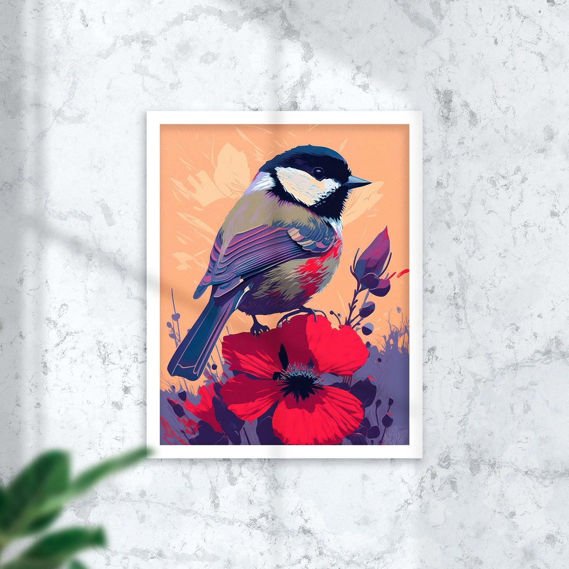 Chickadee On Red Poppy Poster Peach Background Bold Floral Bird Art - Image 3
