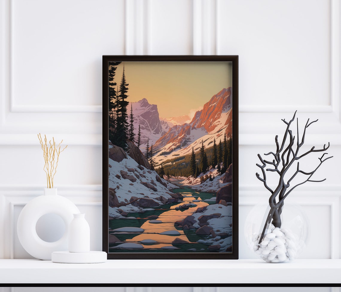 Retro Mountain River Sunset Golden Reflection Snowy Valley Wall Art