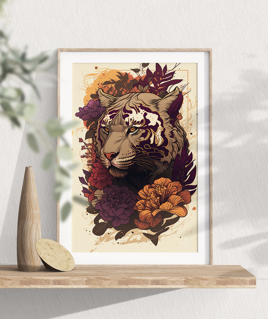 Tiger With Floral Blossoms Vintage Botanical Wildlife Poster - Image 3