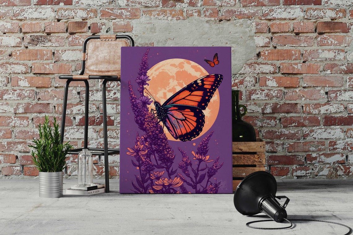 Monarch Butterfly Moon Poster Purple Night Lavender Floral Decor - Image 2