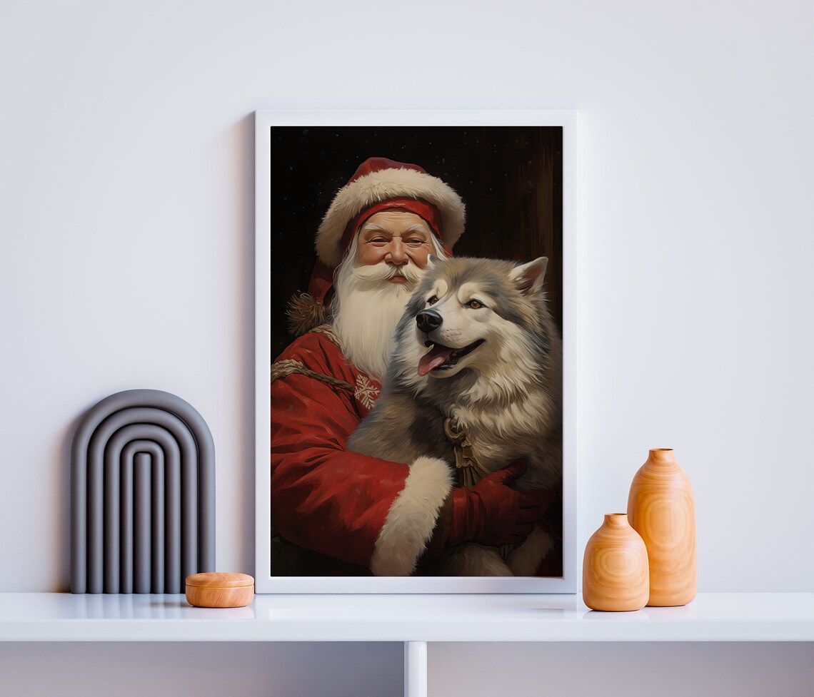 Santa Claus Hugging Fluffy Husky Dog Christmas Portrait Cute Wall Art - Image 2