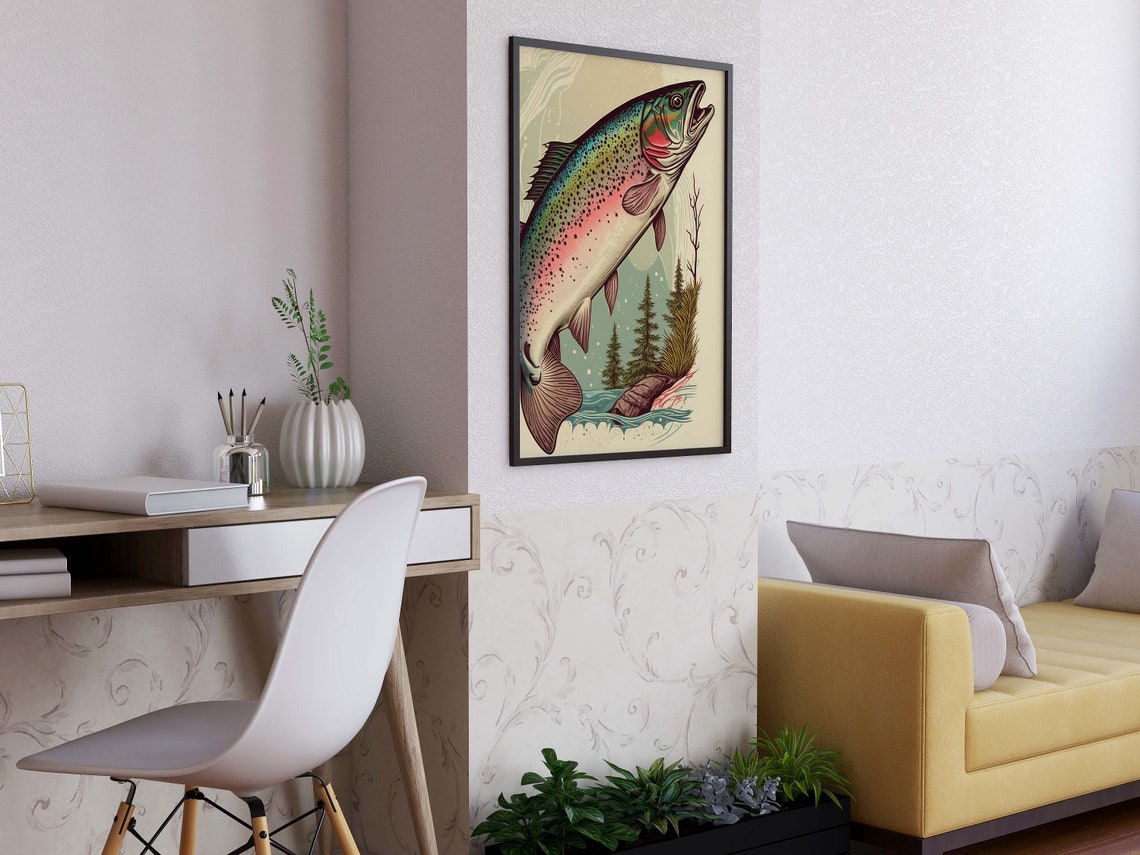 Rainbow Trout Leaping Wild River Pines Vintage Fishing Scene Poster - Image 3