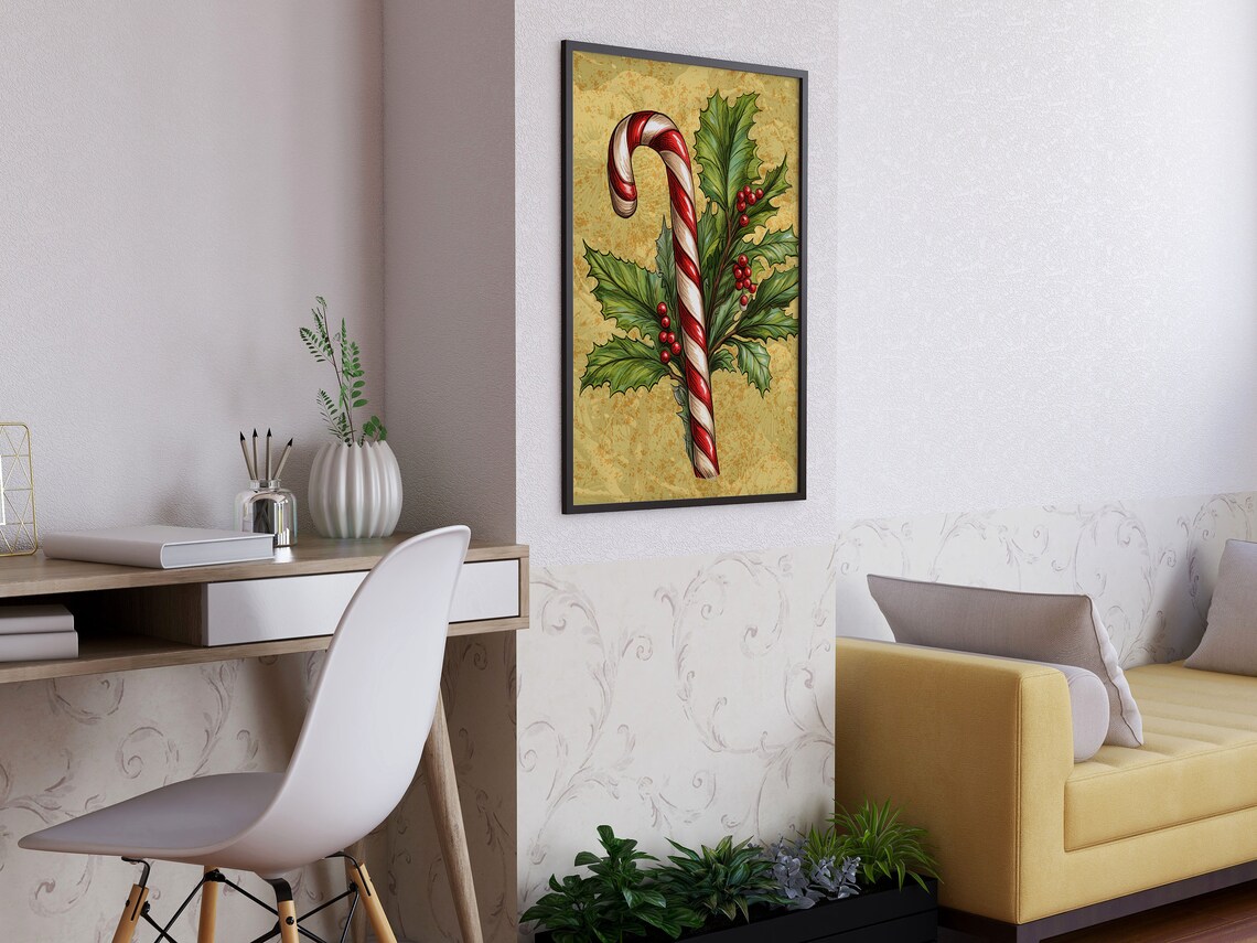 Candy Cane And Holly Berries Beige Snowflake Christmas Sweet Wall Art - Image 2