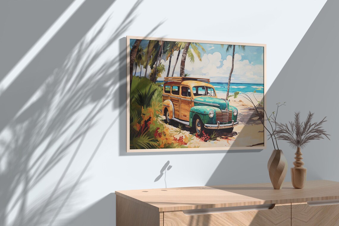 Vintage Turquoise Woodie Wagon Palm Beach Retro Travel Poster - Image 2