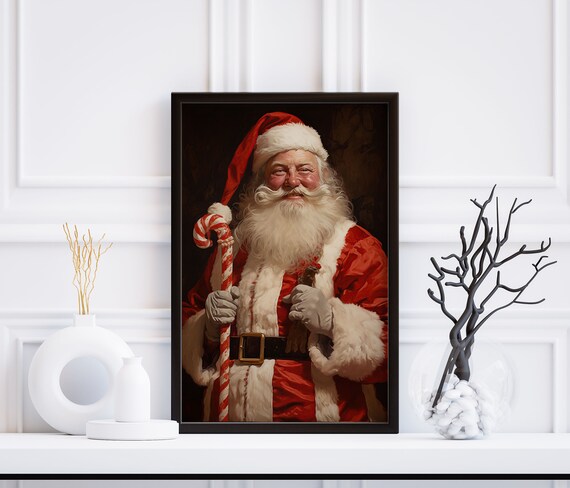 Classic Santa Claus Holding Candy Cane Dark Background Vintage Wall Art