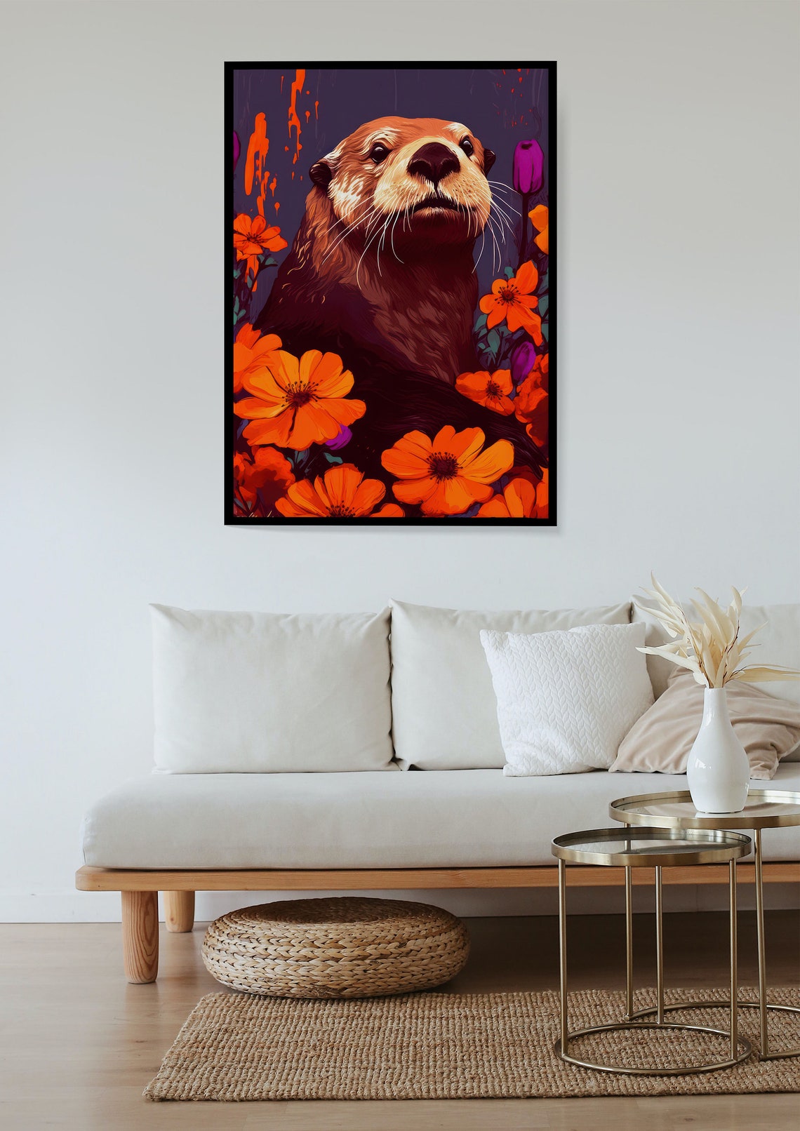 Sea Otter Portrait Among Orange Blossoms Wildlife Art Poster - Image 4