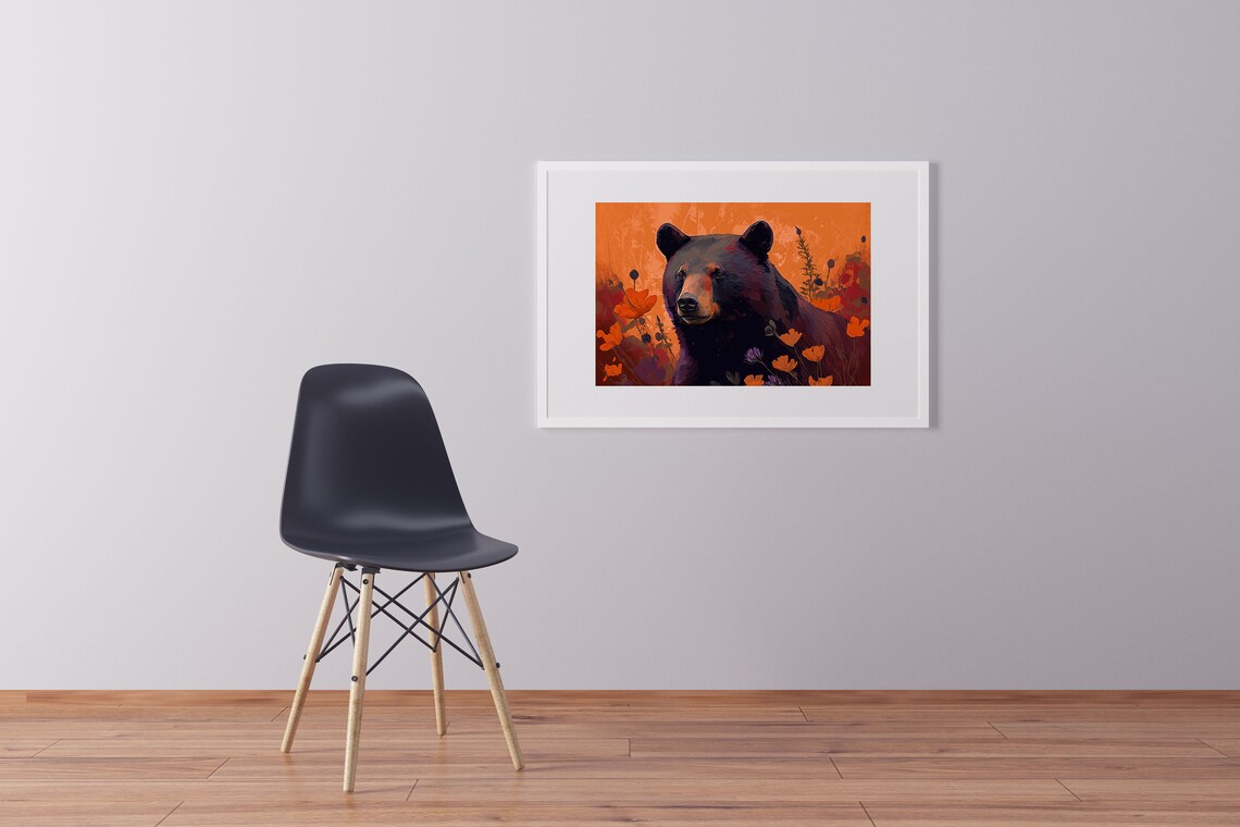 Black Bear Orange Poppies Wildflower Field Modern Wildlife Poster - Image 2