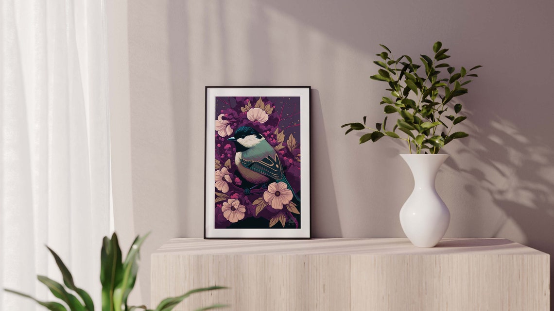Black Capped Chickadee Poster Pink Blossoms Plum Floral Bird Art - Image 2
