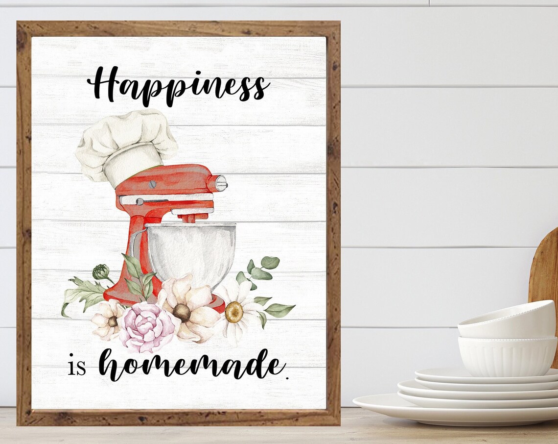 Happiness Is Homemade Red Mixer Chef Hat Watercolor Kitchen Poster