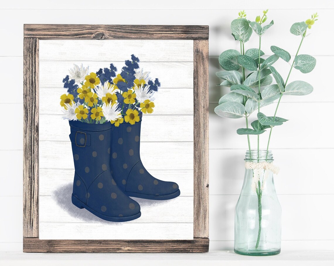 Navy Blue Rain Boots With Colorful Flowers Farmhouse Wall Poster