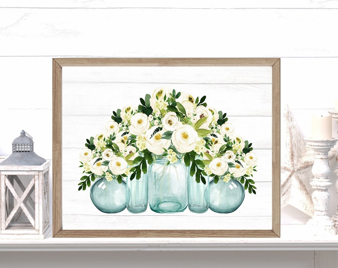 Five Teal Vases with White Floral Bouquets Botanical Art Poster
