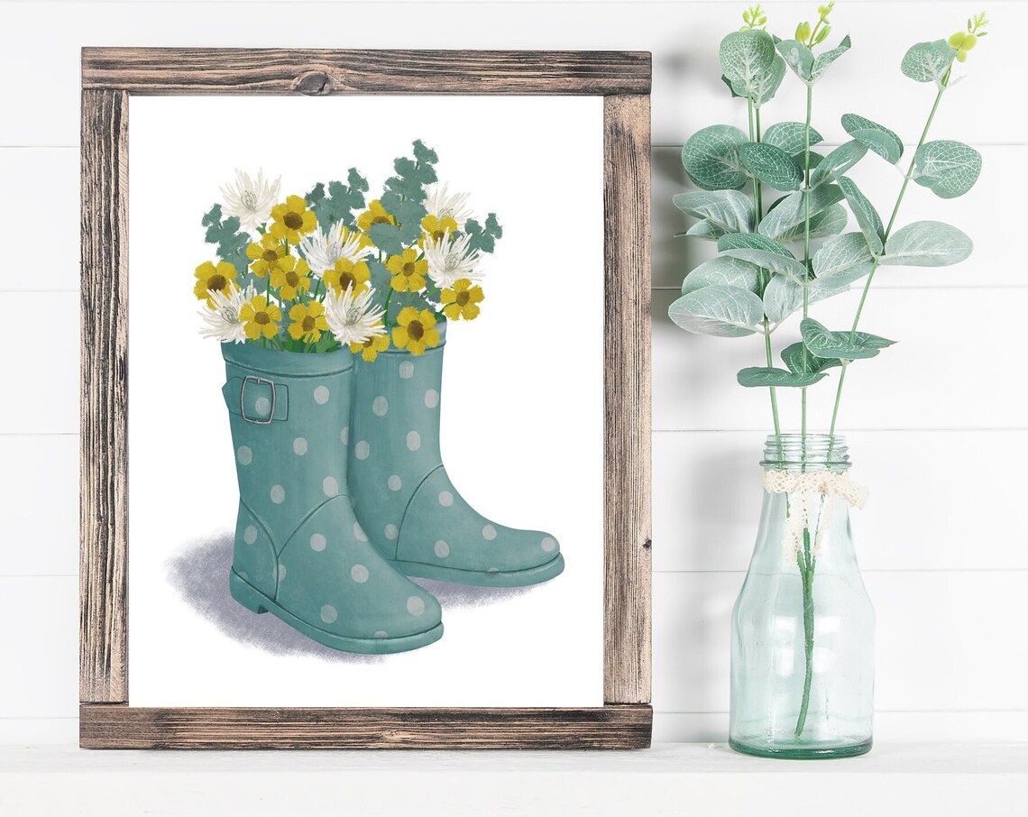 Teal Polka Dot Rain Boots With Yellow Flowers Farmhouse Wall Poster