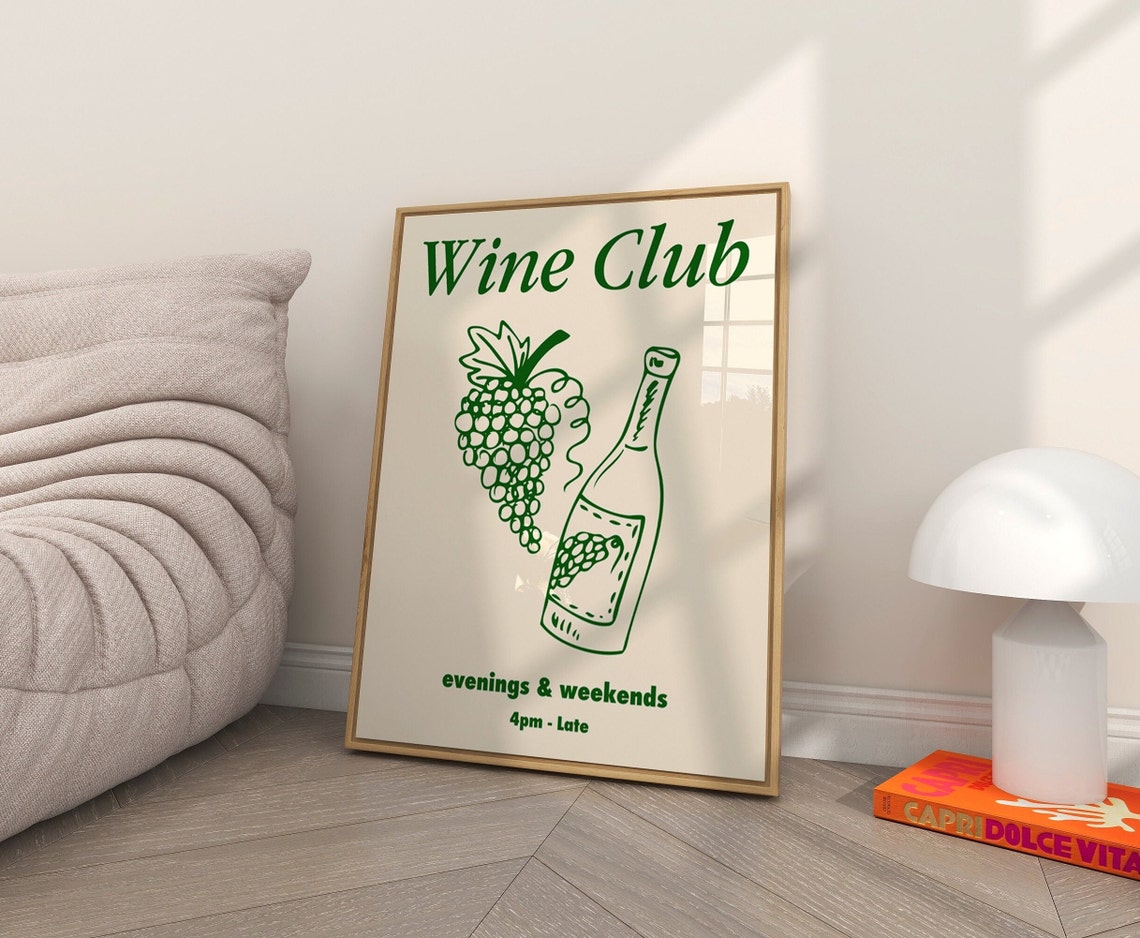 Wine Club Evenings and Weekends Retro Kitchen Drink Decor Poster