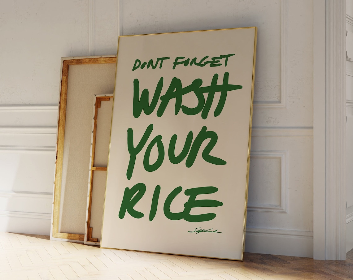 Dont Forget Wash Your Rice Poster Green Hand Lettered Kitchen Humor Decor