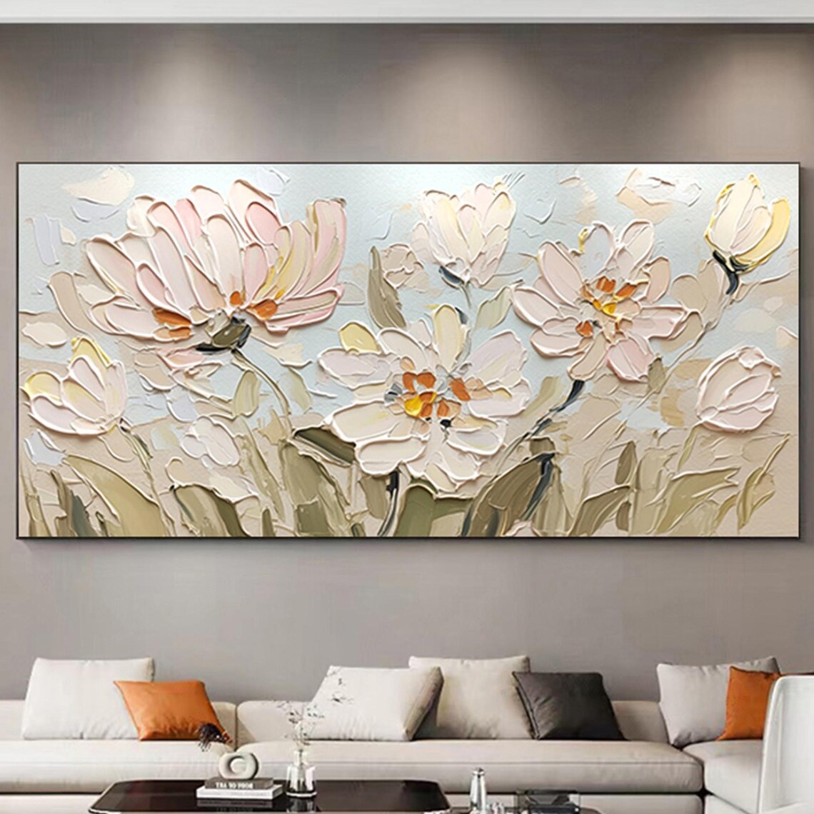 Pink Cream Bloom Sage Green 3D Textured Floral Painting Poster