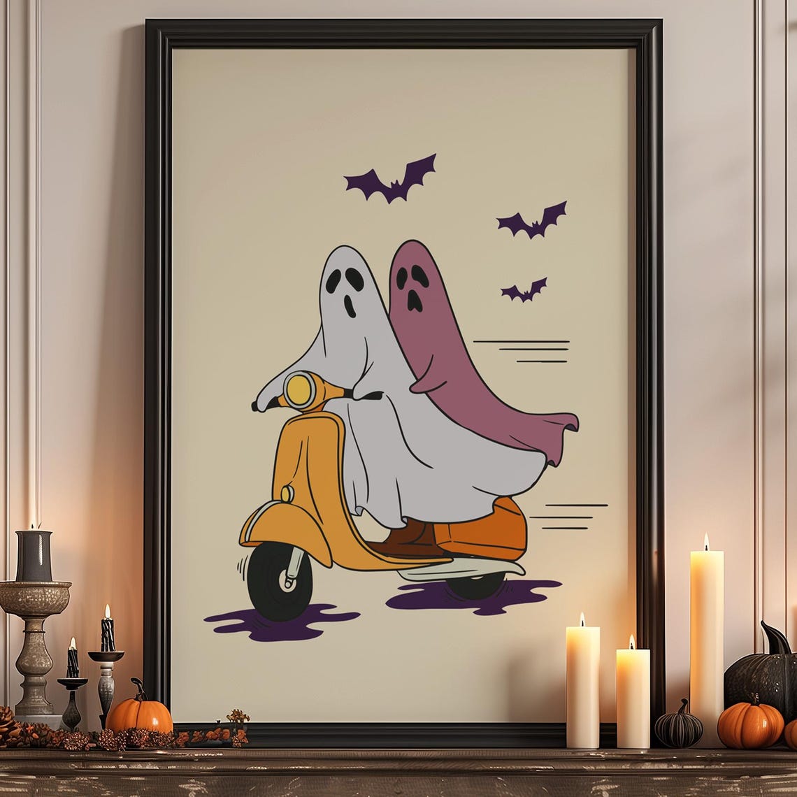Two Ghosts On A Scooter Halloween Spooky Fun Poster For Kids Print Autumn Decoration Children Llustration