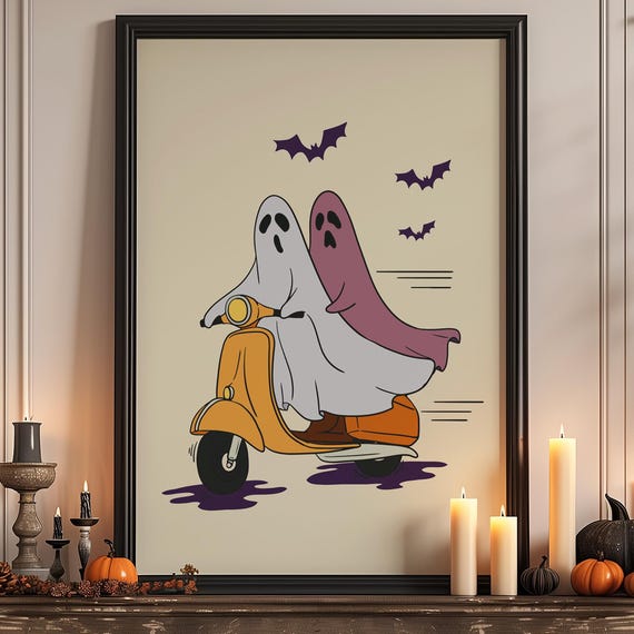 Two Ghosts On A Scooter Halloween Spooky Fun Poster For Kids Print Autumn Decoration Children Llustration