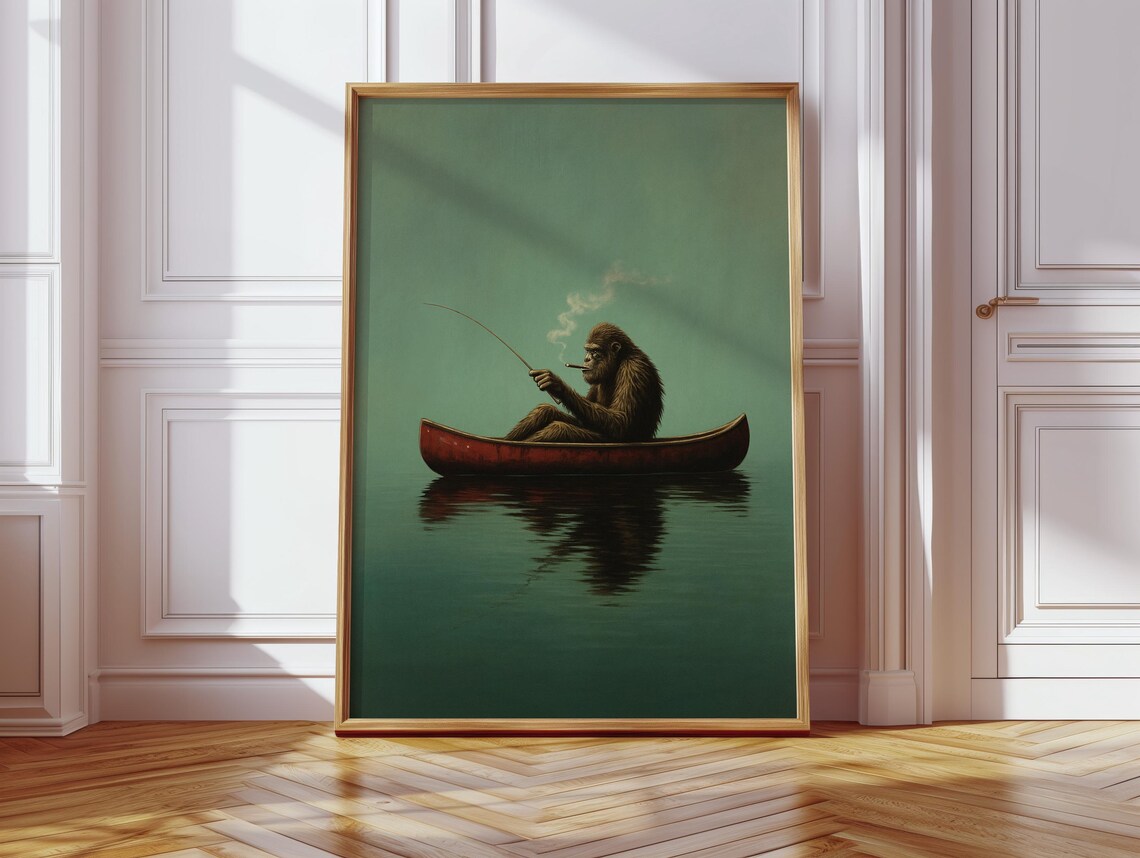 Fishing Ape Art Print, Surreal Moody Lake Scene