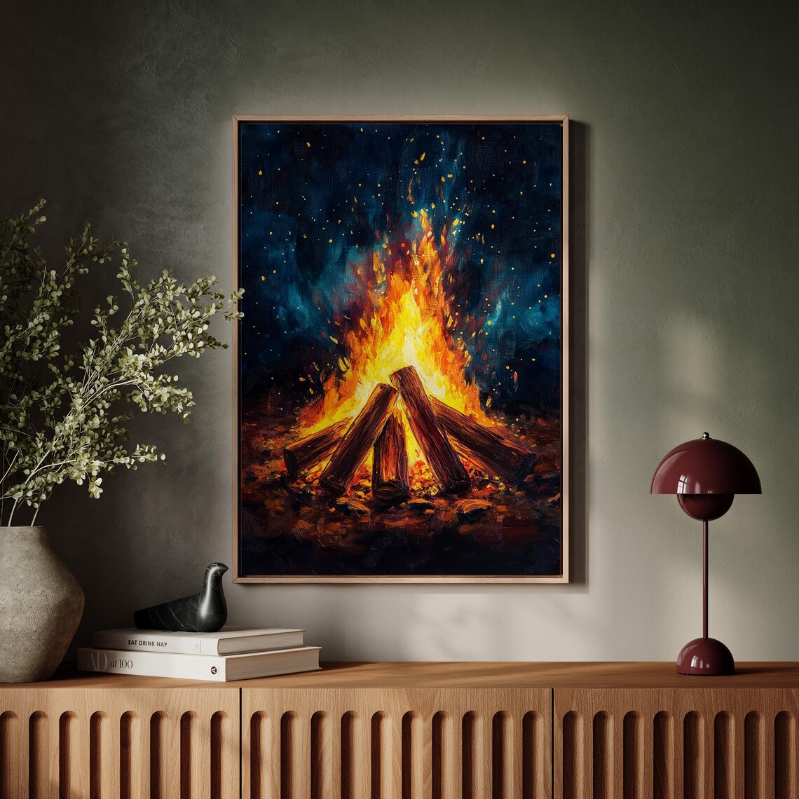 Cozy Campfire Night, Rustic Bonfire Painting - Image 2