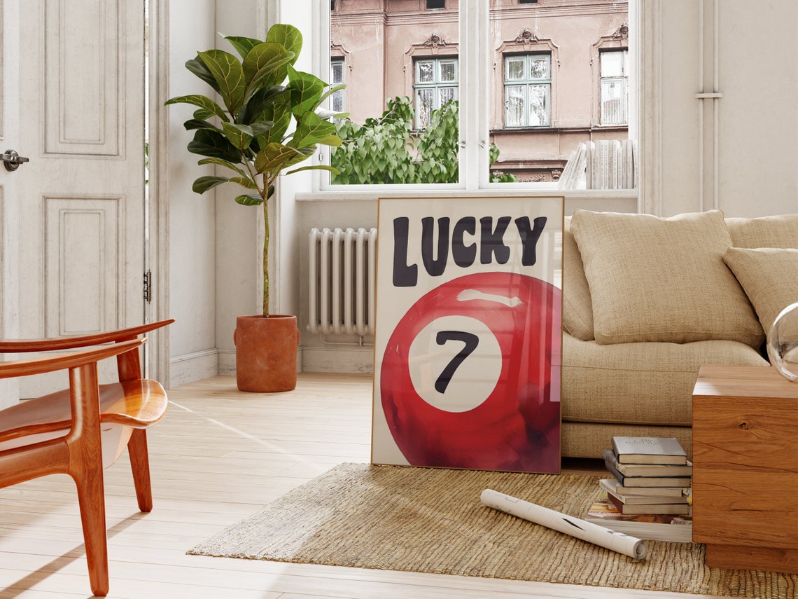 Lucky Number 7 Red Billiard Pool Ball Retro Game Room Wall Art Poster - Image 2