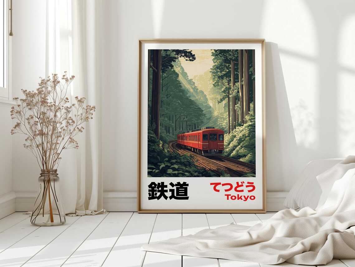 Retro Japanese Railway Poster, Vintage Tokyo Forest - Image 2