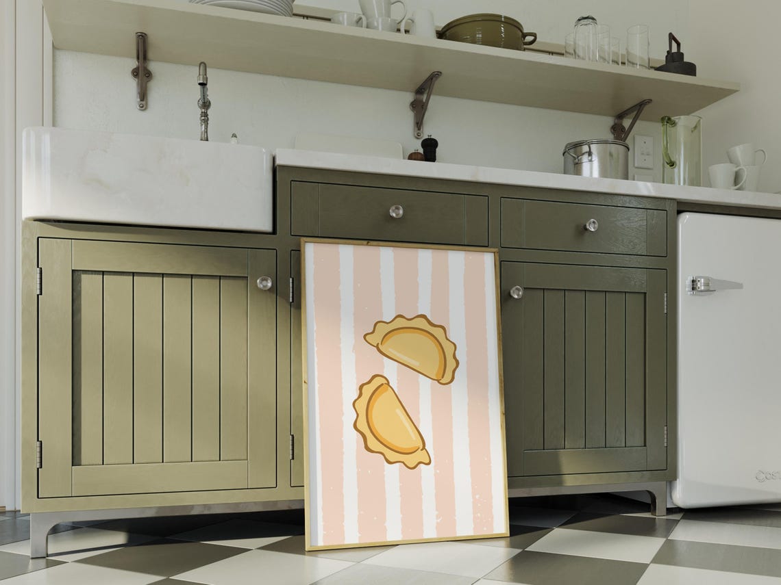 Ravioli Dumplings Blush Pink Striped Background Cute Kitchen Poster