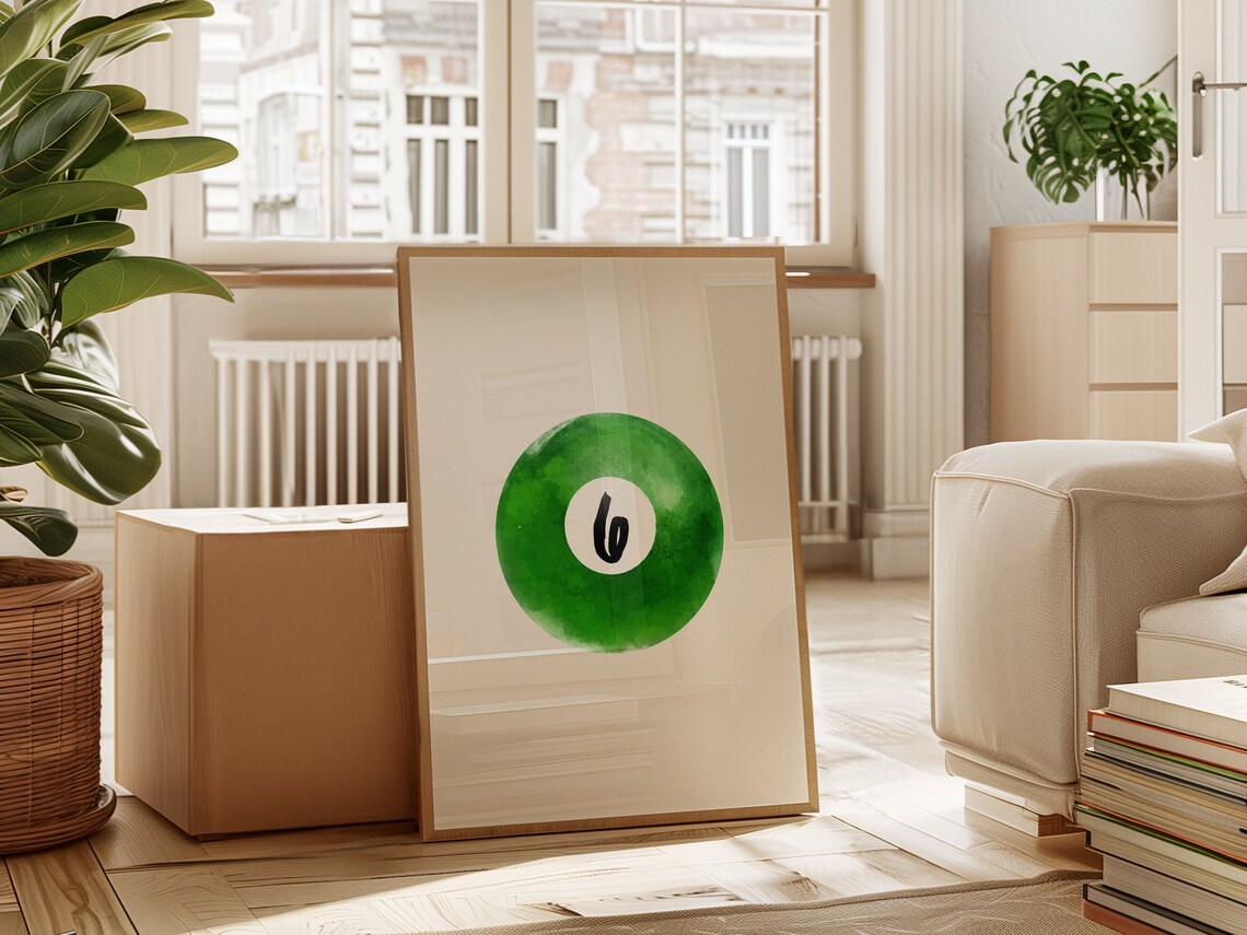 Lucky Number 6 Green Pool Ball Watercolor Minimalist Game Room Poster