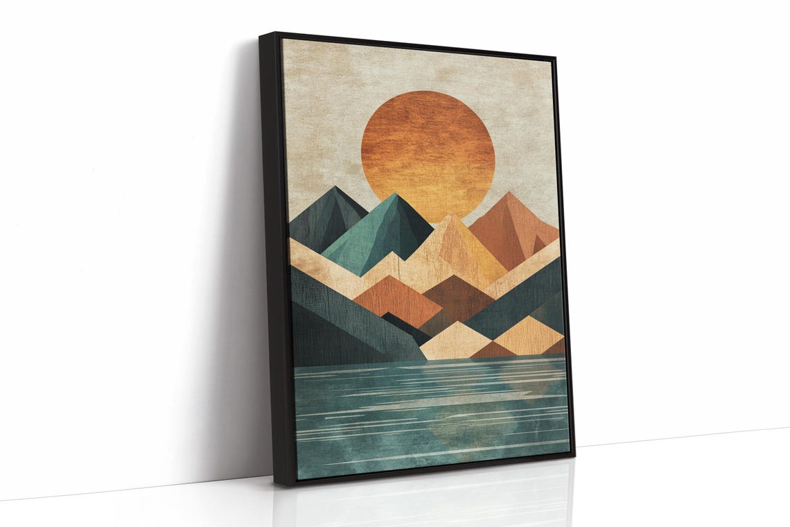 Modern Geometric Mountain Print Abstract Nature Art With Sun And Lake Earthy Tones Wall Decor For Home Office Or Gift - Image 2