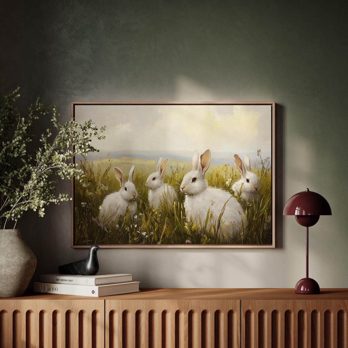 Four White Rabbits In Sunny Meadow Grass Cottagecore Bunny Art Poster - Image 4