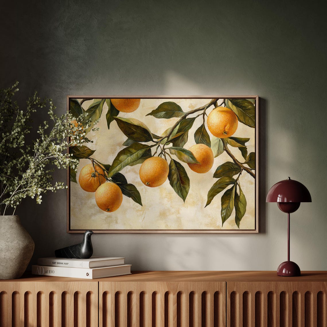 Orange Branch Still Life Green Leaves Textured Beige Nature Art Poster - Image 2