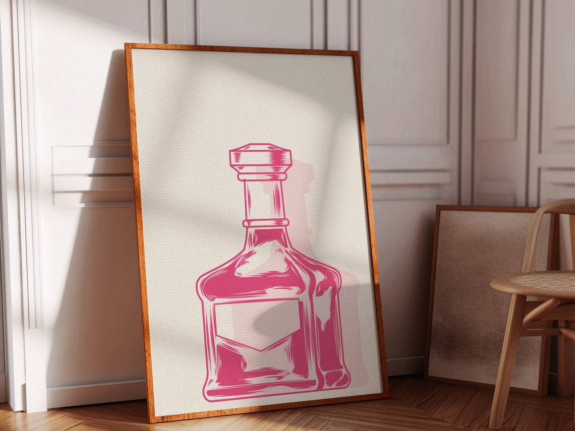 Hot Pink Whiskey Decanter Line Art Modern Cocktail Bar Wall Poster - Image 4