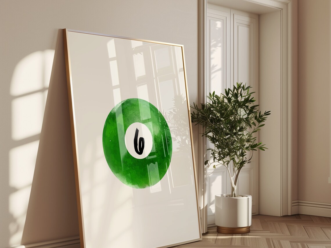 Lucky Number 6 Green Pool Ball Watercolor Minimalist Game Room Poster - Image 3