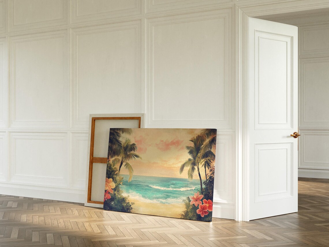Vintage Tropical Beach Hibiscus Flowers Palm Ocean Retro Travel Poster - Image 3