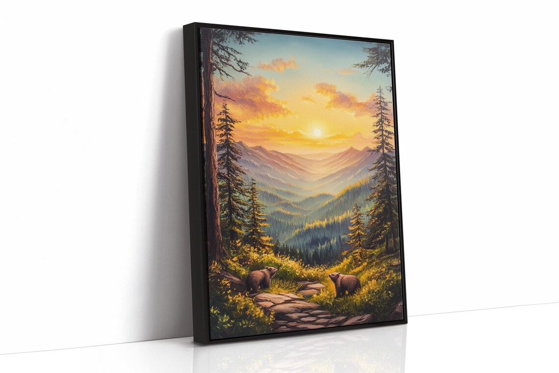 Two Bears Wandering in Golden Sunset Forest Valley Mountain Poster - Image 4
