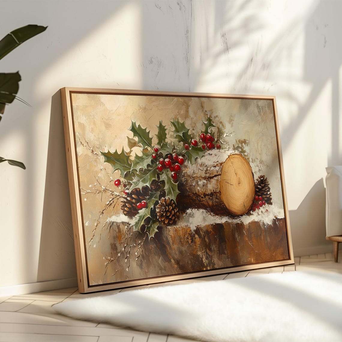 Rustic Christmas Log With Holly Berries And Pinecones Holiday Print - Image 3