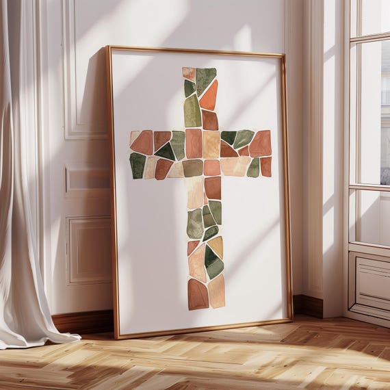 Mosaic Cross Watercolor Wall Art Earth Tone Abstract Christian Decor Rustic Faith Print For Home Church Or Prayer Room