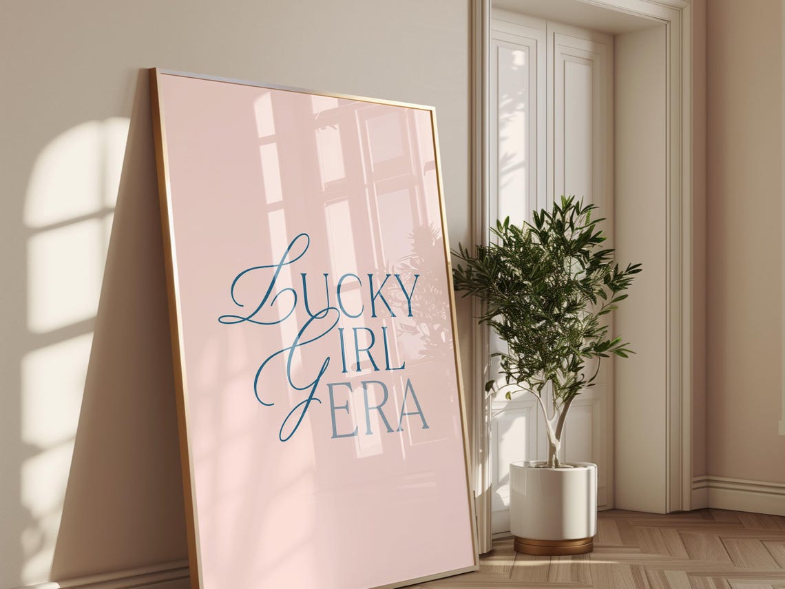 Lucky Girl Era Blue Script Affirmation Pink Minimalist Quote Poster - Image 2