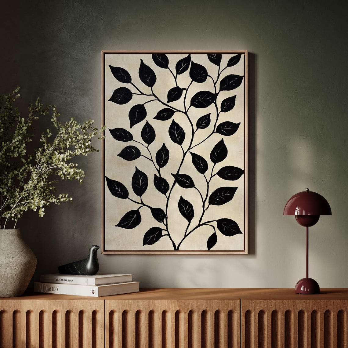 Minimalist Black Leaf Branch Artwork With Bold Contrast And Elegant Lines On A Neutral Textured Background For Modern Interiors - Image 2