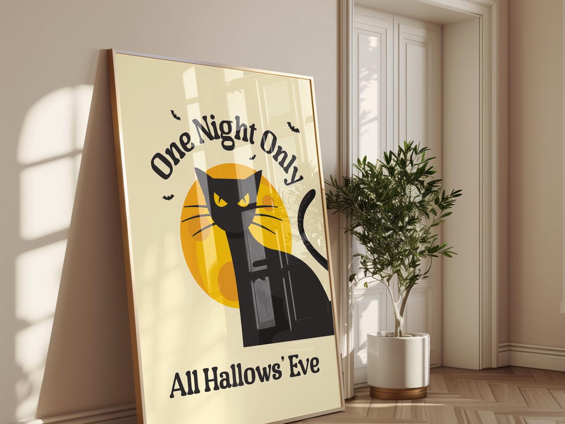 All Hallows Eve One Night Only Black Cat Retro Halloween Wall Poster - Image 2