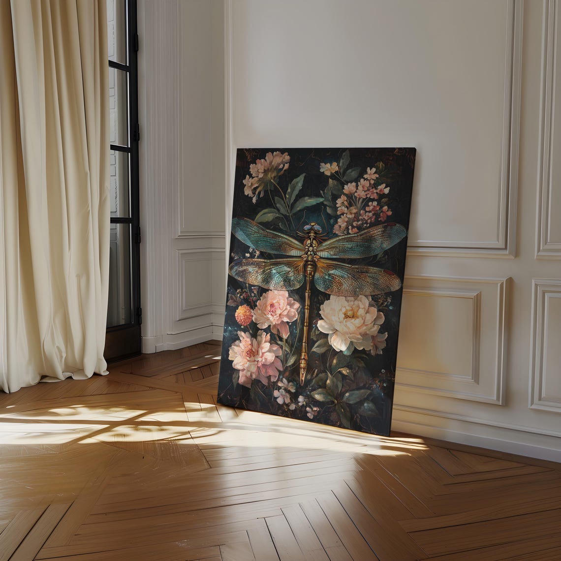 Golden Dragonfly Dark Floral Peony Botanical Gothic Wall Art Print - Image 2