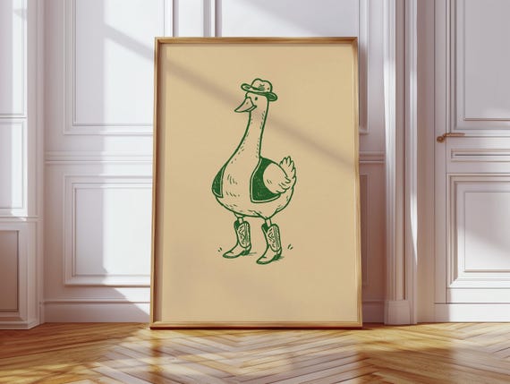 Cowboy Goose Wall Art Print Funny Farmhouse Western Decor Country Duck In Boots Poster Rustic Animal Illustration