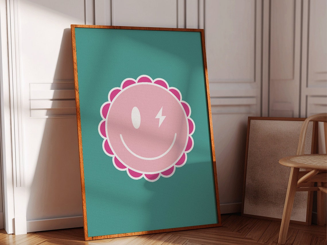 Pink Smiley Face On Teal Background Groovy Preppy Trendy Wall Art - Image 2