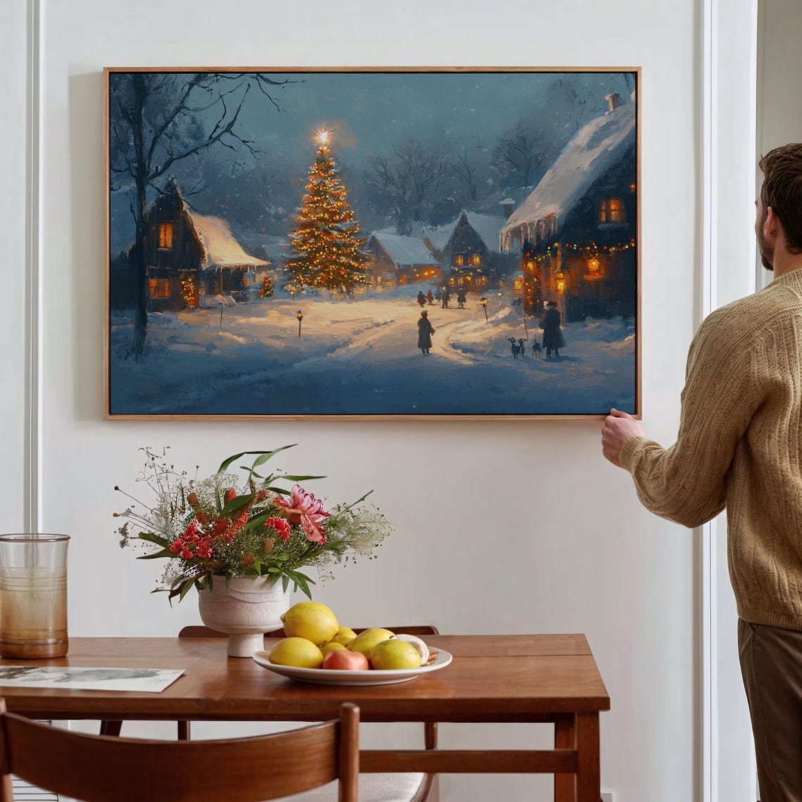 Cozy Christmas Village Snowy Night Glowing Tree Festive Holiday Poster - Image 3