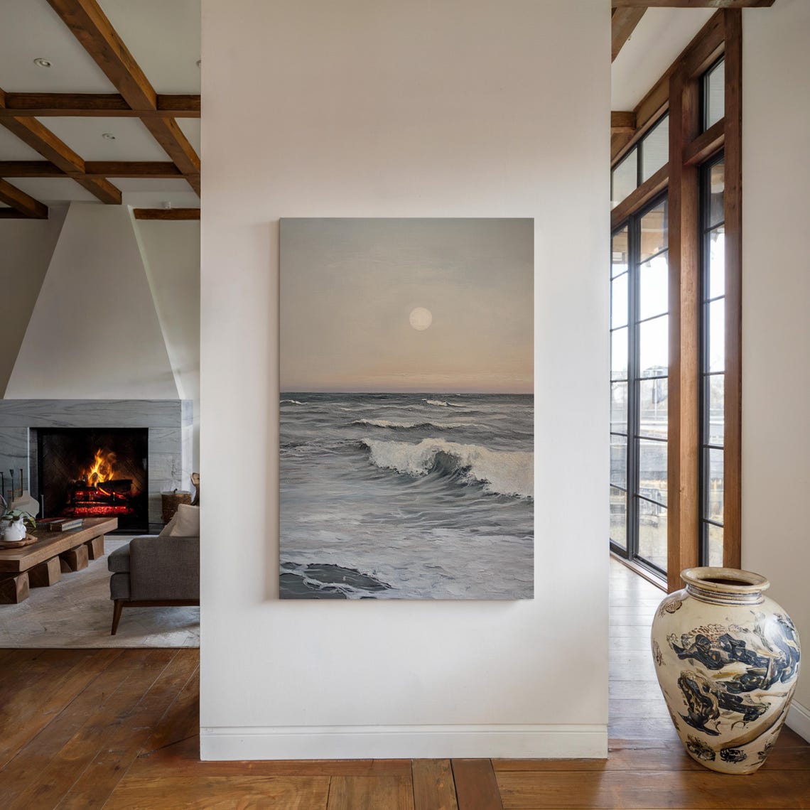 Serene Moonlit Ocean Waves Minimalist Seascape Night Wall Poster - Image 2