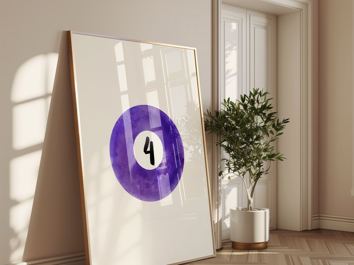 Number 4 Pool Ball Watercolor Purple Retro Billiards Wall Decor Poster