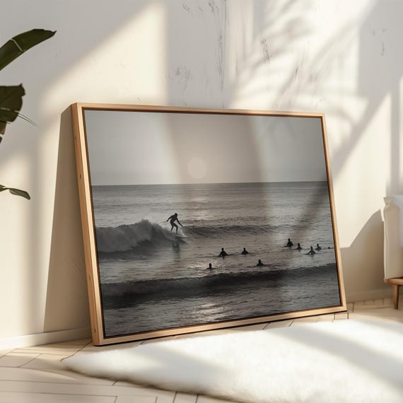 Surfer Riding Wave At Sunset, Minimalist Surf Decor
